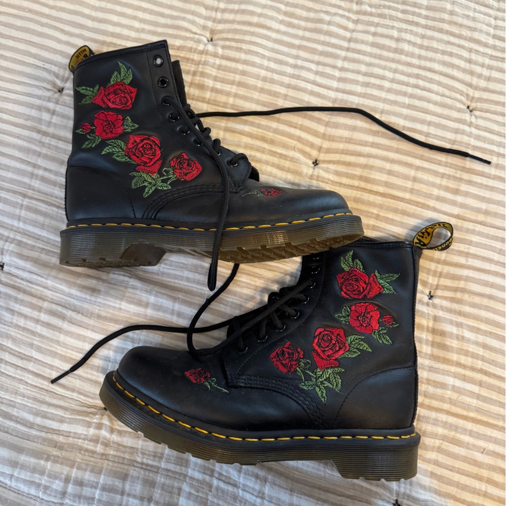 Dr. Martens Black Boots with Red Floral Embroidery